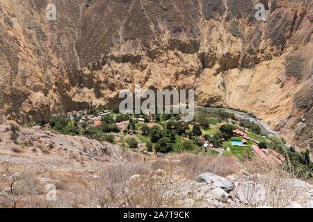 Der Colca Canyon ist eine Schlucht des Colca River im Süden Perus und liegt etwa 160 Kilometer (99 Meilen) nordwestlich von Arequipa. Stockfoto