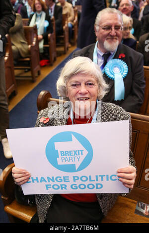 Westminster, London, Großbritannien. 4 Nov, 2019. Ann Widdecombe MPE auf einer Veranstaltung in der Emmanuel Center, Westminster einzuführen, die partyÕs potenzielle Kandidaten für das Parlament (PPC) für die Bundestagswahl 2019 Am 12. Dezember 2019 abgehalten werden. Credit: Dinendra Haria/Alamy leben Nachrichten Stockfoto