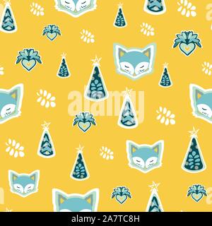 Cute Fox, Weihnachtsbaum, Volkskunst Herz, Hand gezeichnete Kulisse. Bunte nahtlose Muster mit Tier. Cute Tapeten, drucken. Vector Hintergrund, Illustration. Frohes neues Jahr. Winter Stock Vektor