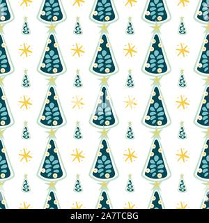 Geometrische festliche folk art christmas tree Hand gezeichnet nahtlose Hintergrund. Weiß Rapport mit Weihnachtsbaum in der Zeile. Nett für den Druck. Vector Hintergrund. Frohes neues Jahr. Winter Stock Vektor