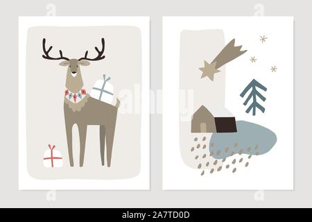 Satz von Weihnachten skandinavischen Grußkarten, Einladungen. Abstrakte winter strukturierte Landschaft mit Haus, Sternschnuppe und Rentier mit Geschenkboxen Stock Vektor