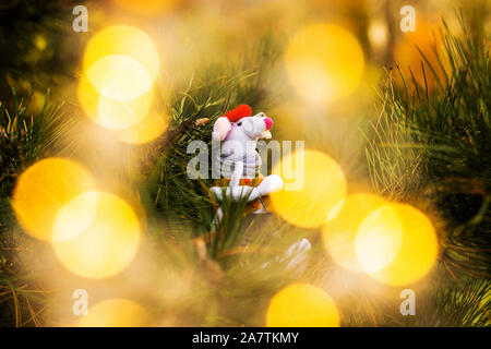 Witzig gestrickt Spielzeug Ratte auf einem dunklen Hintergrund, ein Symbol für das Neue Jahr 2020. Stockfoto