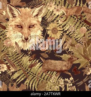 Nahtlose aquarell Hand gezeichnet Aquarell Muster mit Fox Kopf, Laufender Hirsch Blumen, Blätter, Federn. Stockfoto