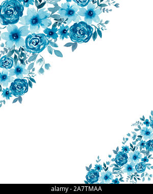 Winter Blumenschmuck Karte mit blau Aquarell flower bouquet, Blau Schwarz floral dekorative Rahmen Stockfoto