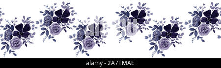 Panoramablick Aquarell monochrome floral background, nahtlose horizontale Muster mit Lila Blumen Bouquet Stockfoto