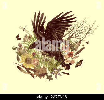 Hand gezeichnet Aquarell Vintage Style Abbildung mit Raven. Stockfoto