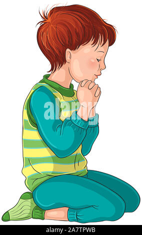 Llustration eines kleinen Jungen kniend in Gebet und ihre Hände gefaltet. Auch schwarze und weiße Version Stockfoto