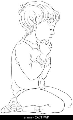 Llustration eines kleinen Jungen kniend in Gebet und ihre Hände gefaltet Färbung Seite Stockfoto