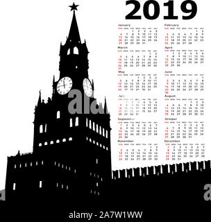 Stilvolle Kalender mit Moskau, Russland, Kreml Spasskaja Turm mit Uhr für 2019. Stock Vektor