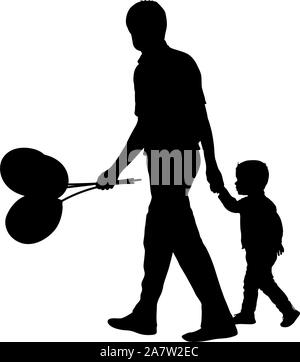 Silhouette von Happy Family mit Luftballons in der Hand auf einem weißen Hintergrund. Stock Vektor