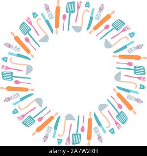 Der Vektor silhouette Küchengeräte und Sammlung von Kochgeschirr Symbole Kranz in Umlauf mit Platz für Text-, Koch- und Küchenutensilien Stock Vektor