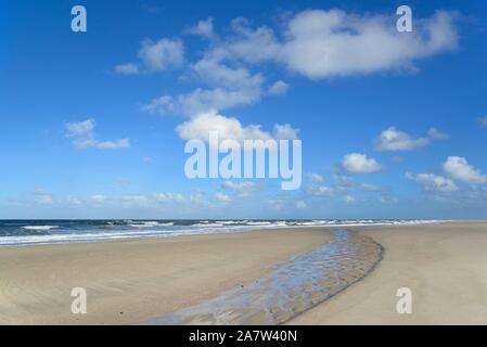 Wellen läuft aus am sandigen Strand, blauer Himmel mit Tiefziehen Haufenwolken (Cumulus) über der Nordsee, Kampen, Sylt, Nordfriesische Inseln Stockfoto