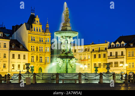 Simson Brunnen auf Premysl Otakar II Square in Ceske Budejovice. Stockfoto