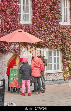 Eine weibliche Verkäufer steht im Herbst auf dem Bürgersteig außerhalb der Efeubewachsene Mauer des Trinity College zu einem Mobile Kiosk und verkauft Eintrittskarten für eine Familie für Stockfoto