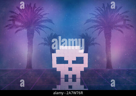 Schöne abstrakte surreale Pixel weiß Schädel tropischen Landschaft und die Silhouette eines Neon futuristischen Stadt collage Konzept, Hintergrund.] Stockfoto