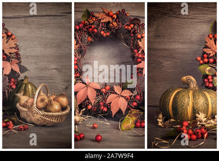 Herbst noch leben Collage mit Kürbis, berry Kranz und Zwiebeln auf Holz. Dieses Bild wird gestrafft. Stockfoto