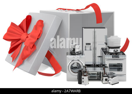 Geschenk Konzept, Haushaltsgeräte in Geschenkbox. 3D-Rendering auf weißem Hintergrund Stockfoto
