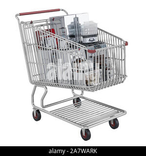 Shopping Cart mit Haushaltsgeräten, 3D-Rendering auf weißem Hintergrund Stockfoto