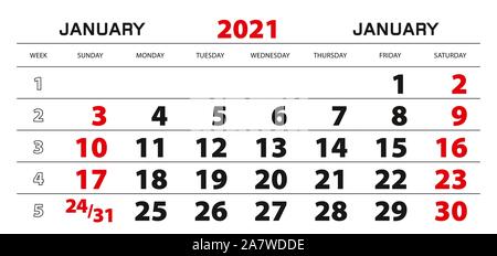 Wandkalender 2021 für Januar Woche von Sonntag. Blockgröße 297 x 140 mm. Stock Vektor
