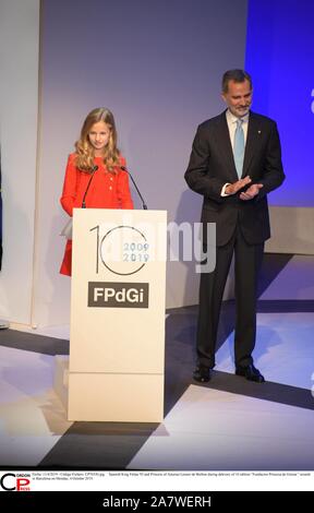 Barcelona, Spanien. 04 Nov, 2019. Spanischen König Felipe VI und die Prinzessin von Asturien Leonor de Borbón während delevery 10 Edition "Fundacion Princesa de Girona" Awards in Barcelona am Montag, 4. Oktober 2019. Credit: CORDON PRESSE/Alamy leben Nachrichten Stockfoto