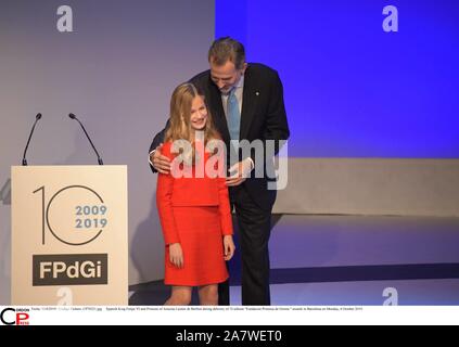 Barcelona, Spanien. 04 Nov, 2019. Spanischen König Felipe VI und die Prinzessin von Asturien Leonor de Borbón während delevery 10 Edition "Fundacion Princesa de Girona" Awards in Barcelona am Montag, 4. Oktober 2019. Credit: CORDON PRESSE/Alamy leben Nachrichten Stockfoto