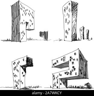 Vier Hand gezeichnet architectectural Skizzen einer modernen abstrakten Architektur Stock Vektor