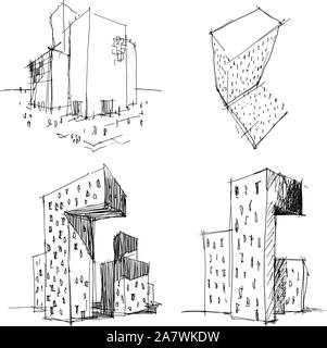 Vier Hand gezeichnet architectectural Skizzen einer modernen abstrakten Architektur Stock Vektor