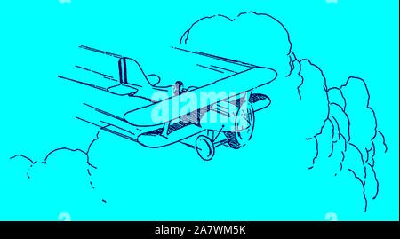 Historische einsitzige Flugzeug fliegen vor großen cumuluswolken in einem blauen Himmel. Editierbare Layer Stock Vektor