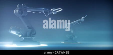 Zwei futuristische Roboter-Industrie-Arm-Manipulatoren auf Hi-Tech-blauen Hintergrund, Konzept der zukünftigen Industrie, High-Tech, maschinelles Lernen fortgeschritten Stockfoto