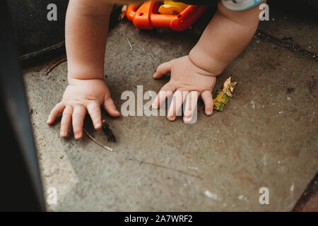 Cute Baby Hände Erkundung im Garten Stockfoto
