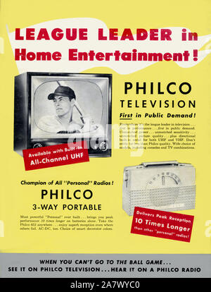 Vintage 1950s Era drucken Werbung für ein philco Television, ein schwarz-weiß Bild von ein Baseballspieler. Stockfoto