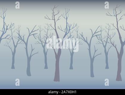 Winter Bäume im Hintergrund. Winter Landschaft mit Bäumen, Nebel. Bewölkt nebligen Tag. Vector Illustration Stock Vektor