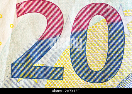 Nummer 20 auf 20 euro Banknote, closeup Detail Stockfoto