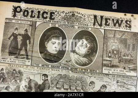 Jack the Ripper ära Zeitung (Nachbau): Illustrierte Polizei News Startseite Übersicht Übersicht der Whitechapel Morde im Jahr 1888. Stockfoto