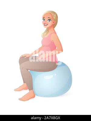 Schwangere Frau sitzt auf der fitball. Schwangerschaft Vector Illustration. Stock Vektor