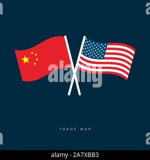 Flaggen der Vereinigten Staaten von Amerika und China. Die Flaggen der USA und China sind gekreuzt und wiegen sich im Wind. Stock Vektor