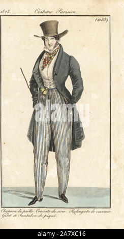 Mann, die Mode 1823: Stroh Hut, Halstuch aus Seide, Kaschmir ridingcoat, gilet (Weste) und Hose in dreilagig Gewebe. Papierkörbe Kupferstich von Zeitschrift für Damen und Mode, Journal des Dames et des Modes, Paris, 1823. Stockfoto