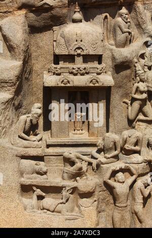 Arjunas Buße, Bas-Relief, Mamallapuram, Tamil Nadu, Indien Stockfoto