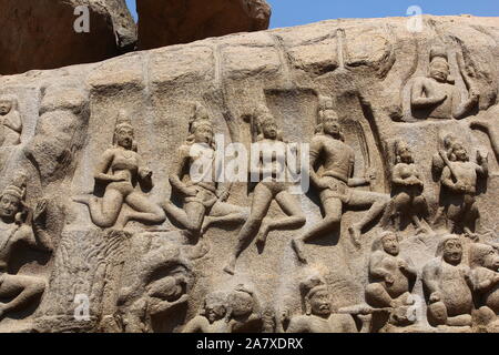 Arjunas Buße, Bas-Relief, Mamallapuram, Tamil Nadu, Indien Stockfoto