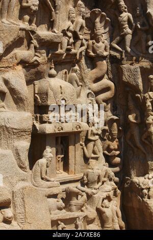 Arjunas Buße, Bas-Relief, Mamallapuram, Tamil Nadu, Indien Stockfoto