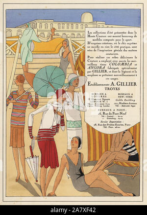 Frauen im Sommer Kleider und Kostüme auf den Strand an der französischen Riviera. Werbung für Haute Couture Fashion Haus A. Gillier. Papierkörbe pochoir (Schablone) Lithographie von der Französischen luxus Mode Magazin Kunst, Gicht, Beauté, 1928. Stockfoto