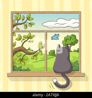 Katze sitzt am Fenster und sieht einen Vogel. Hand Vector Illustration mit separaten Ebenen gezeichnet. Stock Vektor