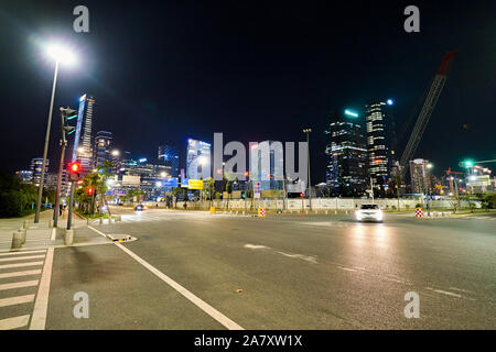 SHENZHEN, China - April 09, 2019: Shenzhen urbane Landschaft in der Nacht. Stockfoto