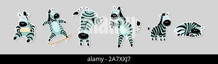 Der Sticker mit lustigen Zebras in verschiedenen Situationen. Sammlung von Etiketten mit cute Cartoon afrikanische Tiere auf grauem Hintergrund. Stock Vektor