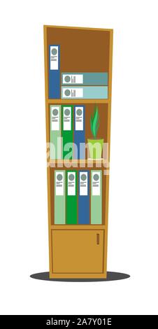 Moderne Büro Holzgehäuse mit vielen Ordnern und Dateien mit Dokumenten. Stock Vektor