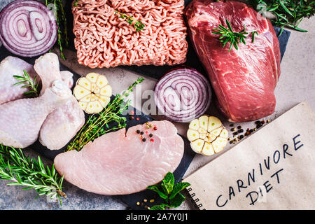 Carnivore Ernährung Konzept. Rohes Fleisch von Huhn, Rindfleisch, Hackfleisch und Türkei Filet auf einem dunklen Hintergrund, Ansicht von oben, flach. Stockfoto