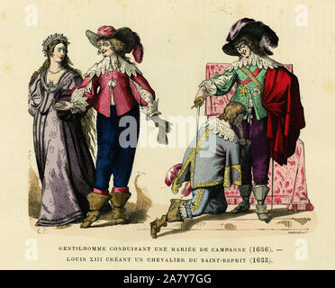Kostüm de gentilhomme conduisant une Mariee de Campagne, en 1636 et Portrait du roi Louis XIII (1601-1643), creant un Chevalier du Saint Esprit, en Stockfoto