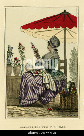 Kostüm de XVIIIeme bouquetiere du Siecle. Gravure en couleurs, in "la France et les Francais a Travers les siecles'par Augustin Challamel, F. Roy edi Stockfoto