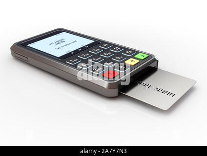 Eine tragbare Handheld Debitkarte Maschine mit einer Bank Karte eingelegt und Transaktionen auf einem isolierten weißen studio Hintergrund - 3D-Rendering Stockfoto