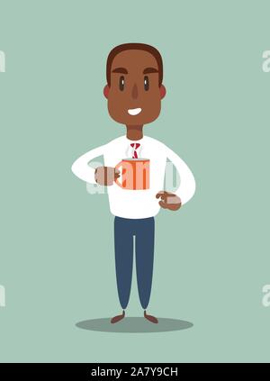 Stattlichen schwarzen afrikanischen amerikanischen Geschäftsmann mit einer Tasse heißem Kaffee. Stock Vektor